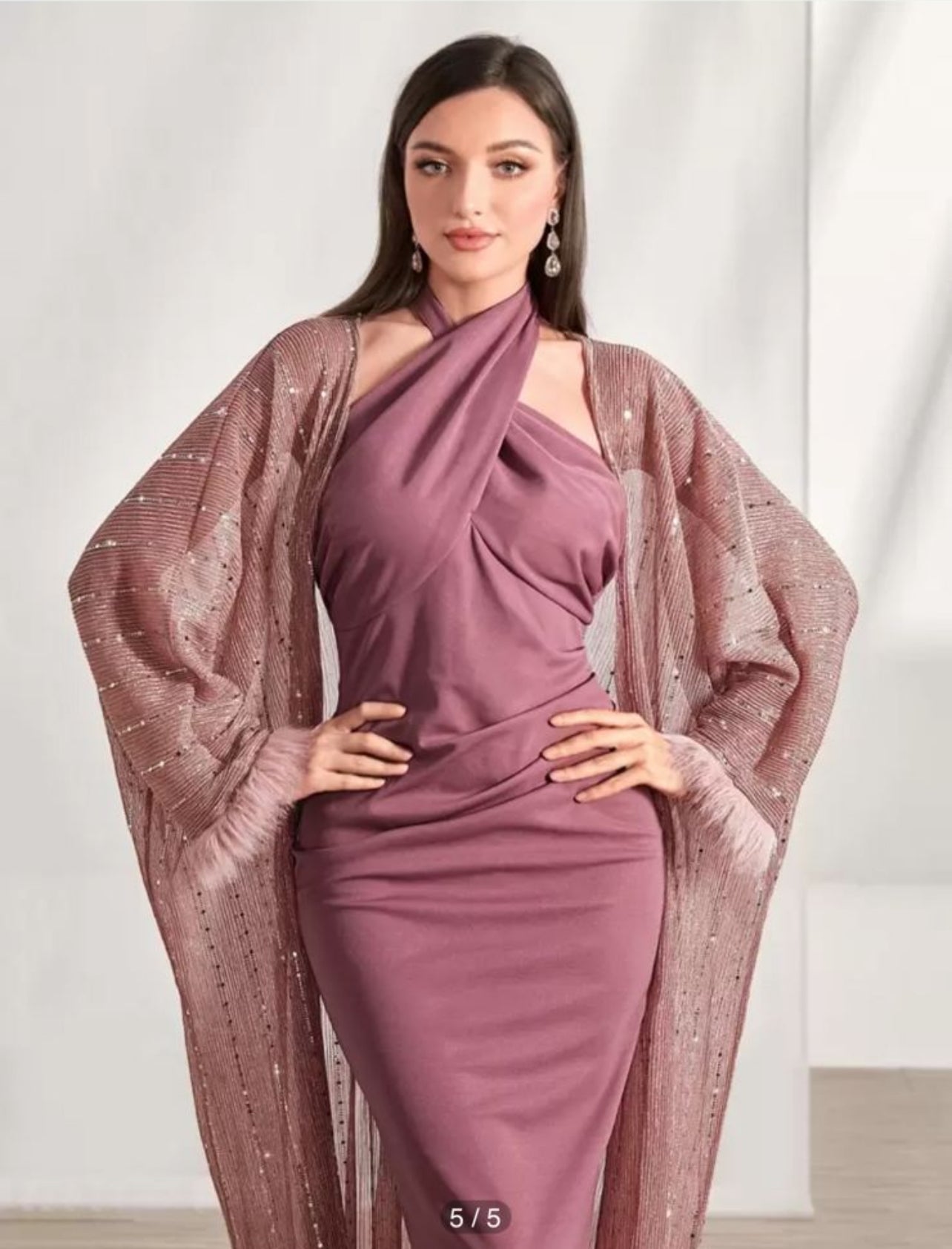 SHEIN Modely Contrast Sequin Fuzzy Cuff Coat & Bodycon Dress