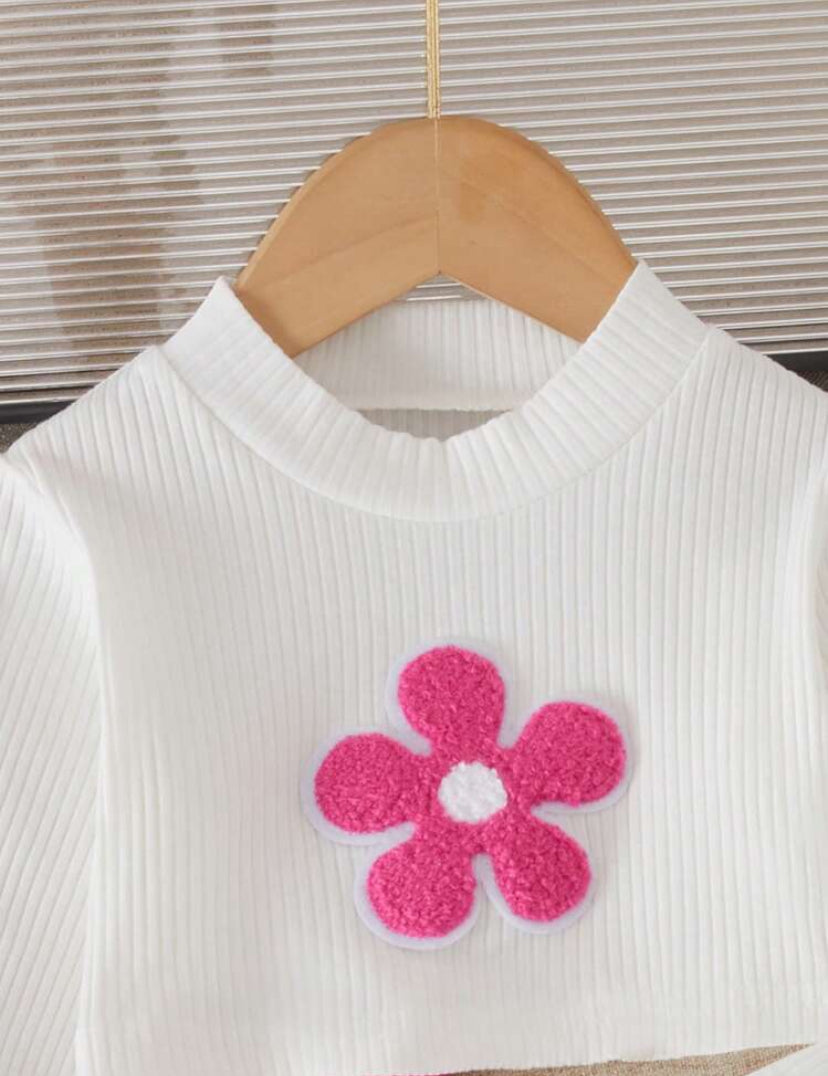 Baby Girl Autumn/Winter Floral Textured Pullover Top & Colorblock Pants Set