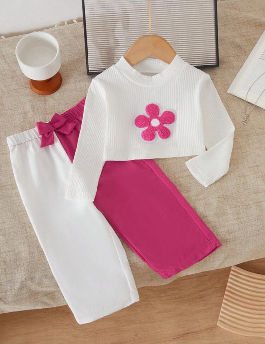 Baby Girl Autumn/Winter Floral Textured Pullover Top & Colorblock Pants Set