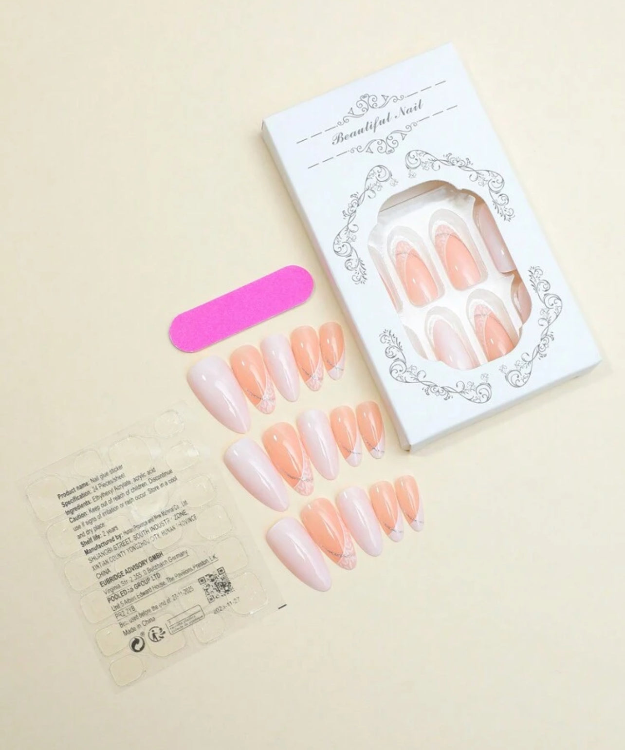 24pcs Glossy Almond Press-On Nails – French White Tips with Elegant Gold Line Design - DI6010