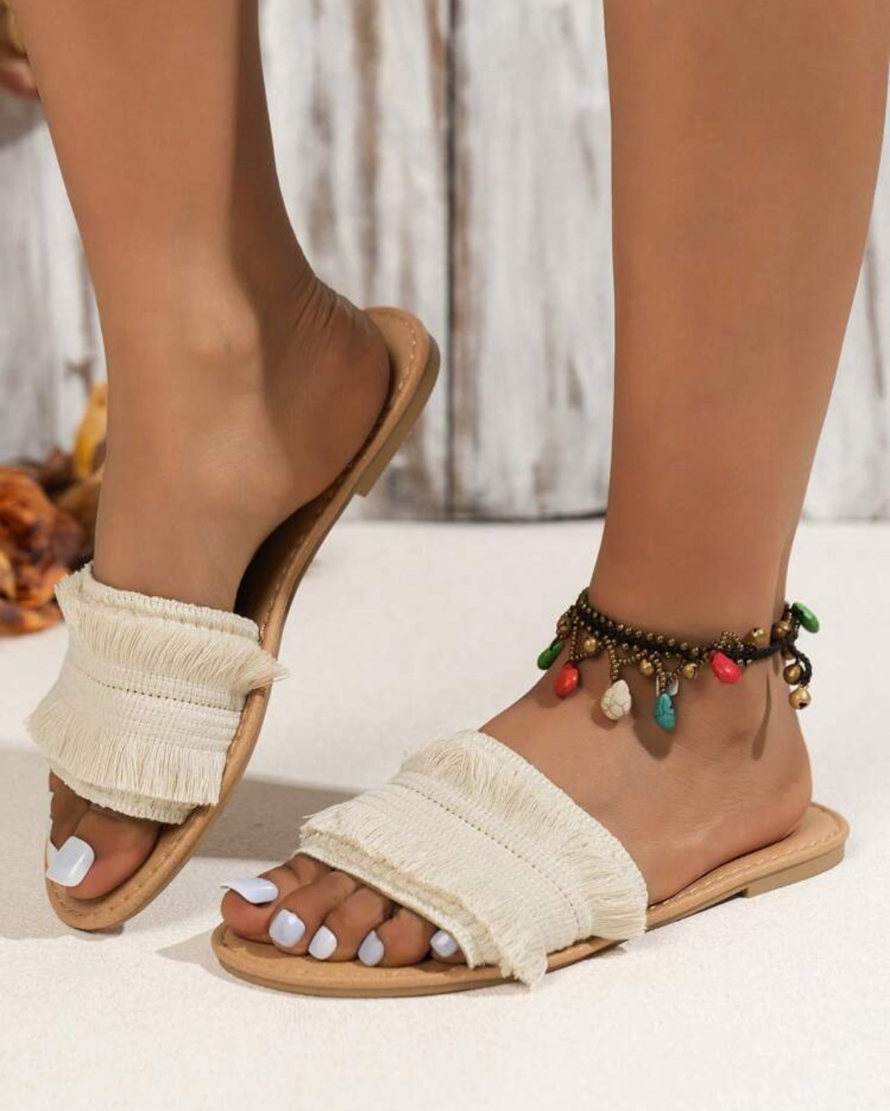 Beige Double-Layer Tassel Strap Sandals for Women - K2003