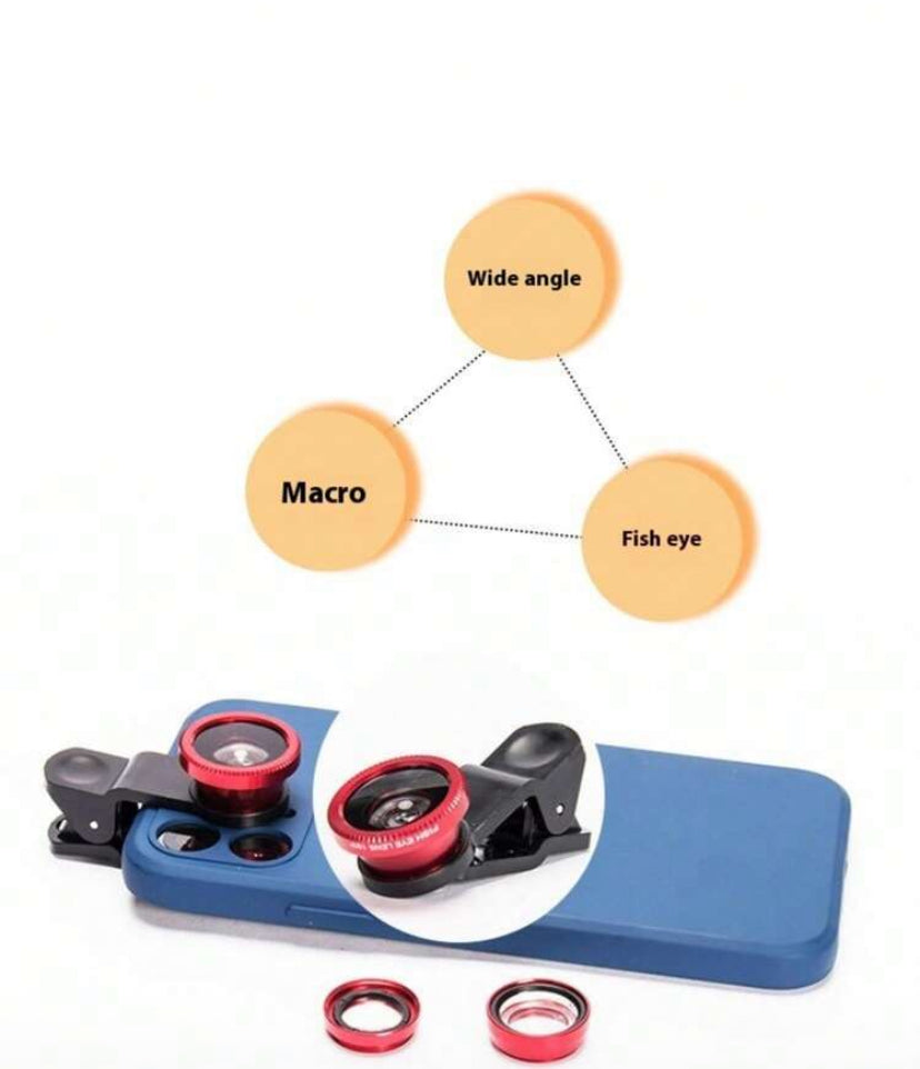 3-in-1 Mobile Phone Camera Lens Kit – Fisheye, Wide-Angle, and Macro Lenses – Portable Clip-On Lens for Smartphone Photography