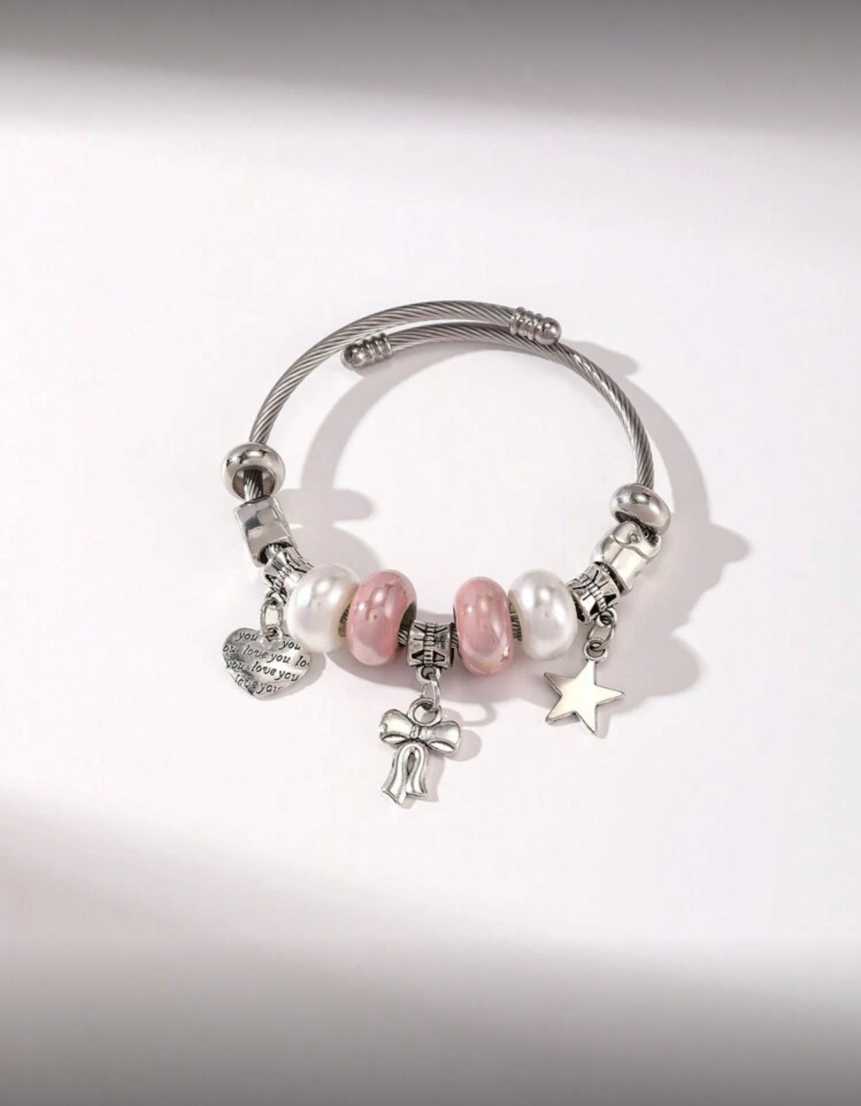 Stainless Steel Bracelet with Butterfly & Pink Enamel Heart Charm – DIY Accessory for Friends, Parties & Valentine’s Day