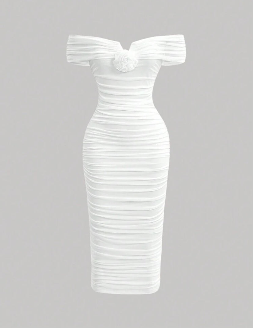 SHEIN MOD Women’s White Off-Shoulder Floral Dress – Romantic 3D Flower Summer Dress, Elegant Graduation Party Outfit