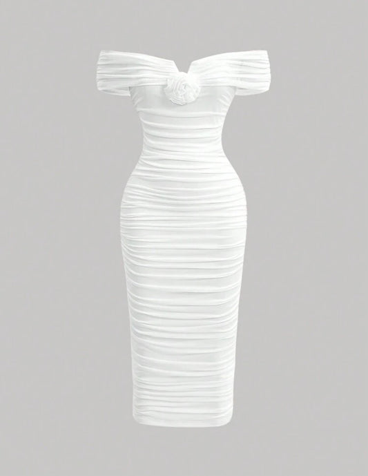 SHEIN MOD Women’s White Off-Shoulder Floral Dress – Romantic 3D Flower Summer Dress, Elegant Graduation Party Outfit