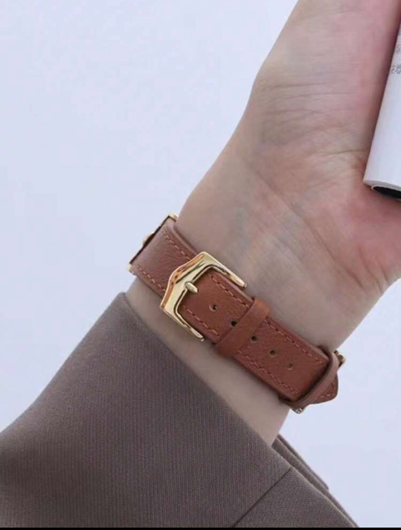 Brown Leather Watch Band with D-Letter Gold Metal Accent – Stylish & Comfortable | Compatible with Apple Watch Ultra 2/1, SE, Series 9–1 (All Sizes)