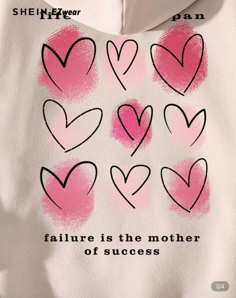 SHEIN EZwear Heart & Slogan Graphic Kangaroo Pocket Drawstring Thermal Hoodie