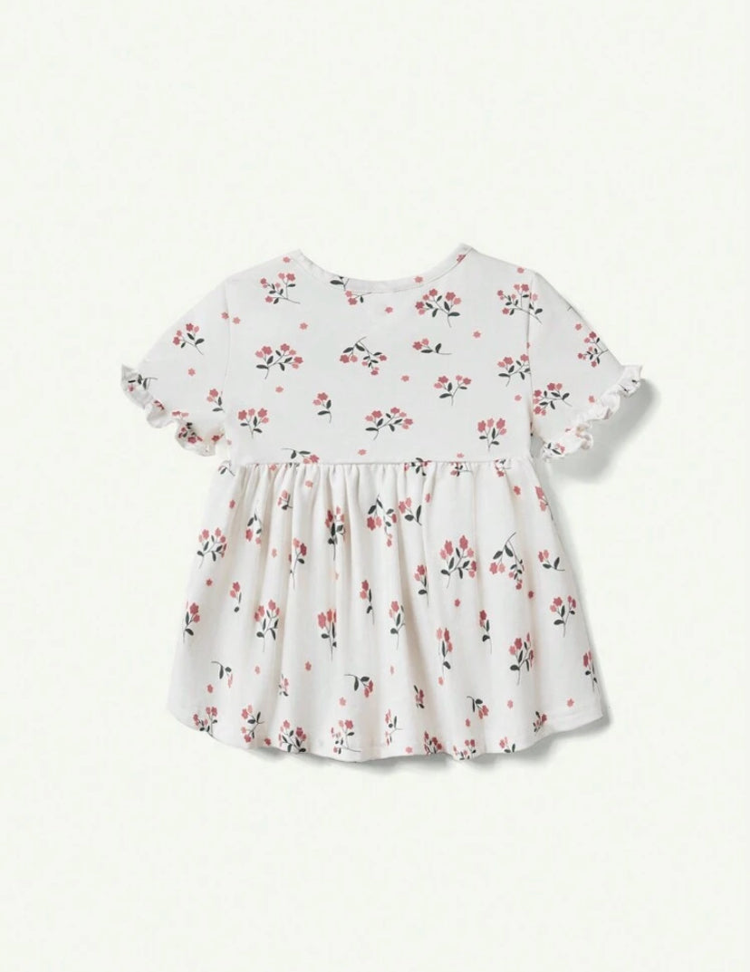 Cozy Pixies Baby Girl Flower Pattern Short Sleeve Top & Solid Color Long Pants Set