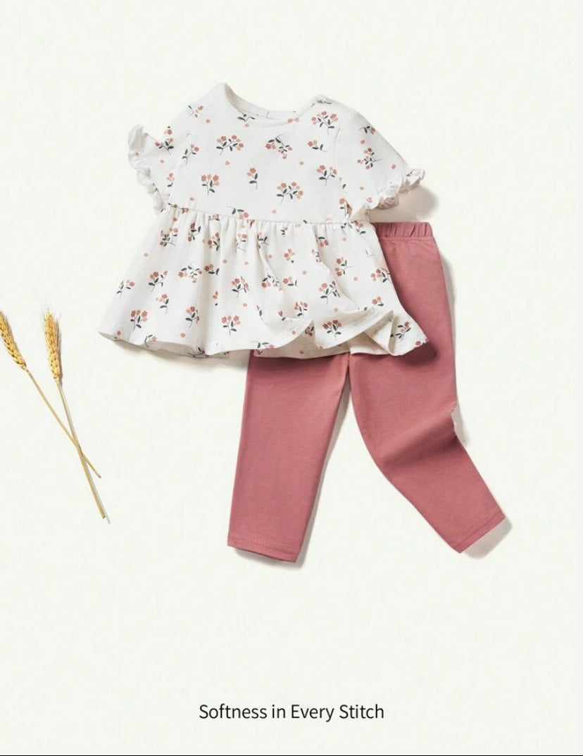 Cozy Pixies Baby Girl Flower Pattern Short Sleeve Top & Solid Color Long Pants Set