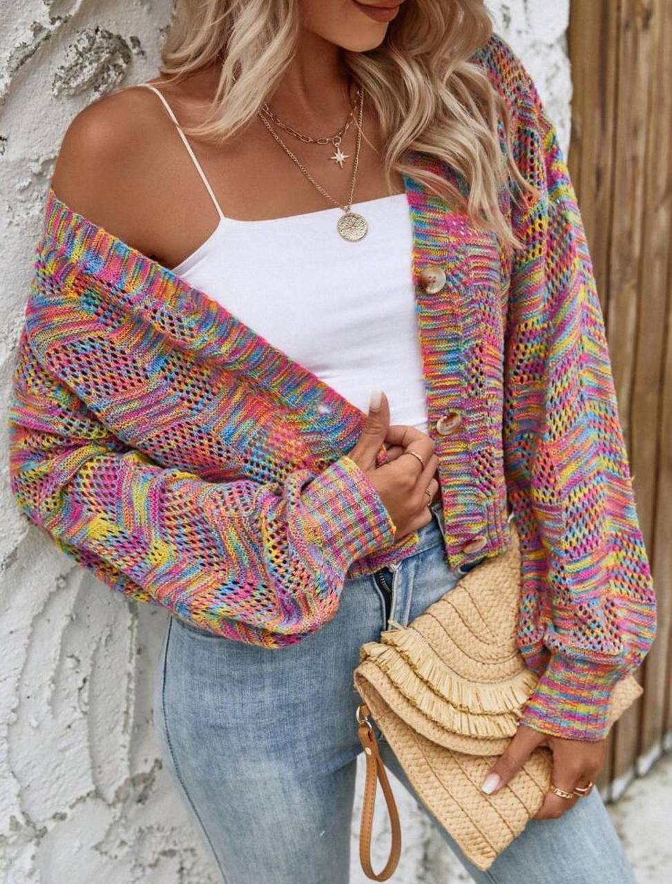 SHEIN LUNE Textured Knit Single-Breasted Cardigan – Solid Color, Long Sleeve - MH1162