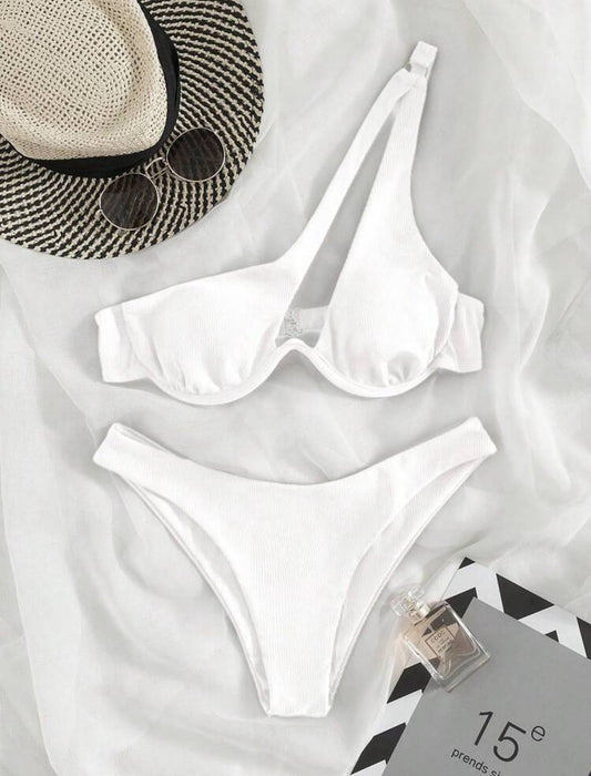 SHEIN Swim Summer Beach Rib Underwire One Shoulder Bikini Set - MH1124