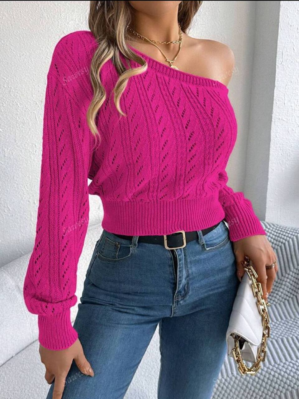 1pc Sexy Oblique Shoulder Hollow Out Long Sleeve Knitted Sweater – Autumn/Winter - MH1148