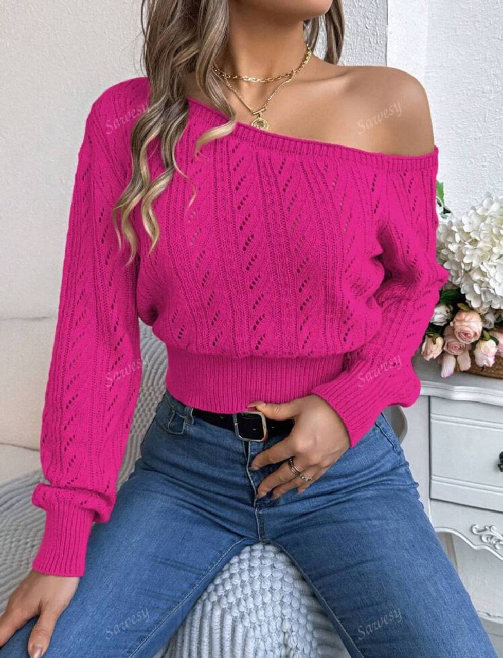 1pc Sexy Oblique Shoulder Hollow Out Long Sleeve Knitted Sweater – Autumn/Winter - MH1148