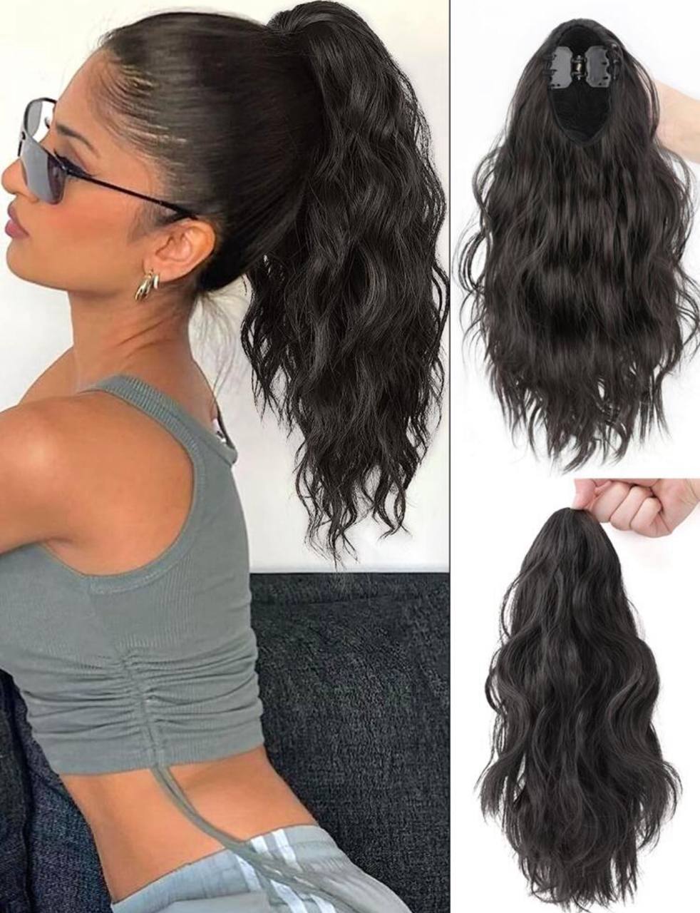 1pc Claw Clip Water Wave Ponytail with Big Curls – 16 Inches, Brown/Black Mix Synthetic Hair Extension