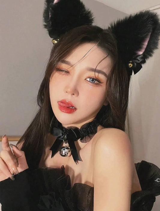 Women’s Sexy Lace Cat Ear Headband with Bell – Black Hair Hoop for Halloween & Special Occasions