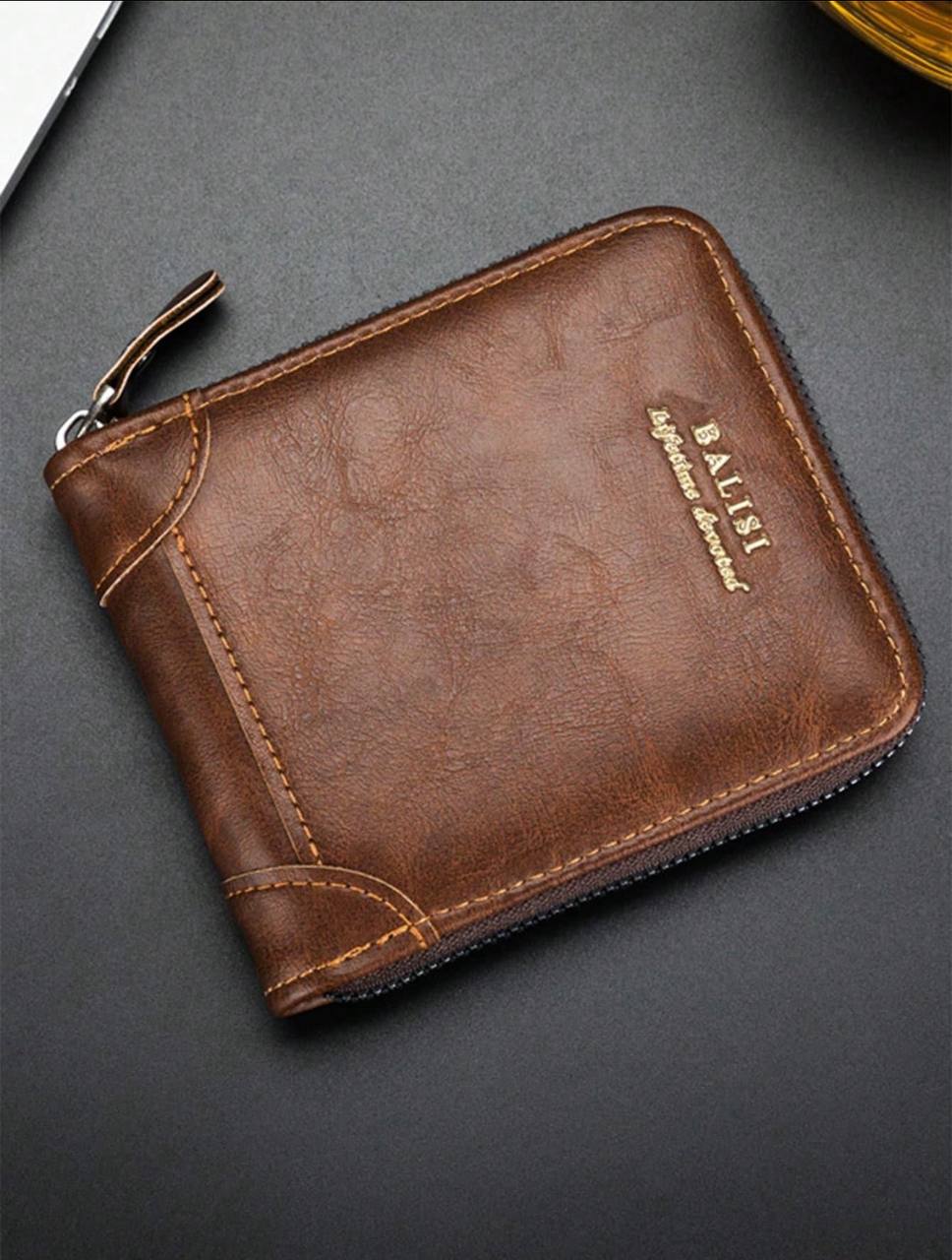 Men’s Square Shaped Short Wallet with Zipper Closure – Business Casual Leather Wallet