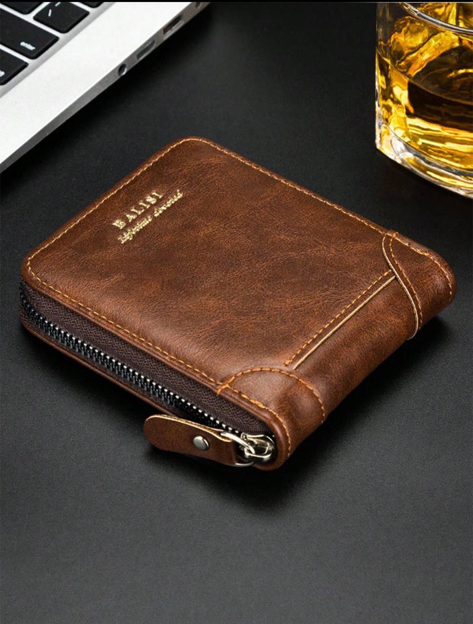 Men’s Square Shaped Short Wallet with Zipper Closure – Business Casual Leather Wallet