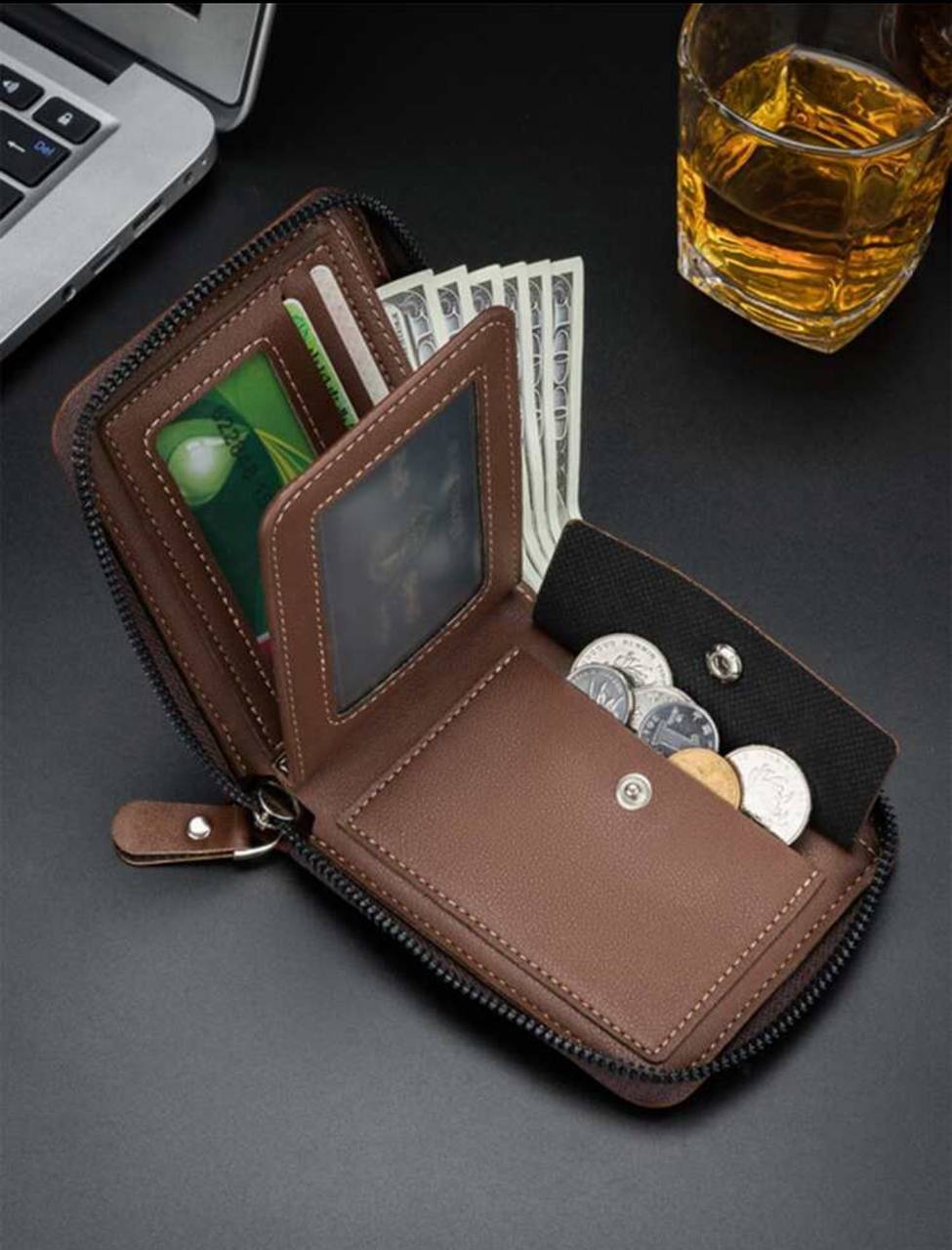 Men’s Square Shaped Short Wallet with Zipper Closure – Business Casual Leather Wallet