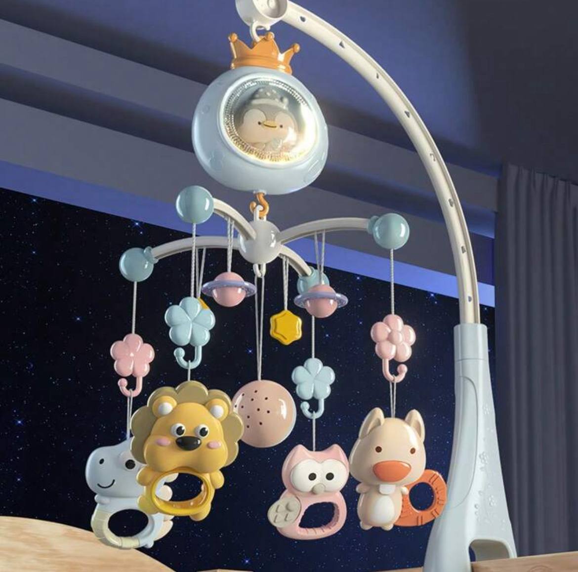 Cartoon Penguin Electric Rotating Musical Baby Crib Mobile with Lights – Christmas Gift