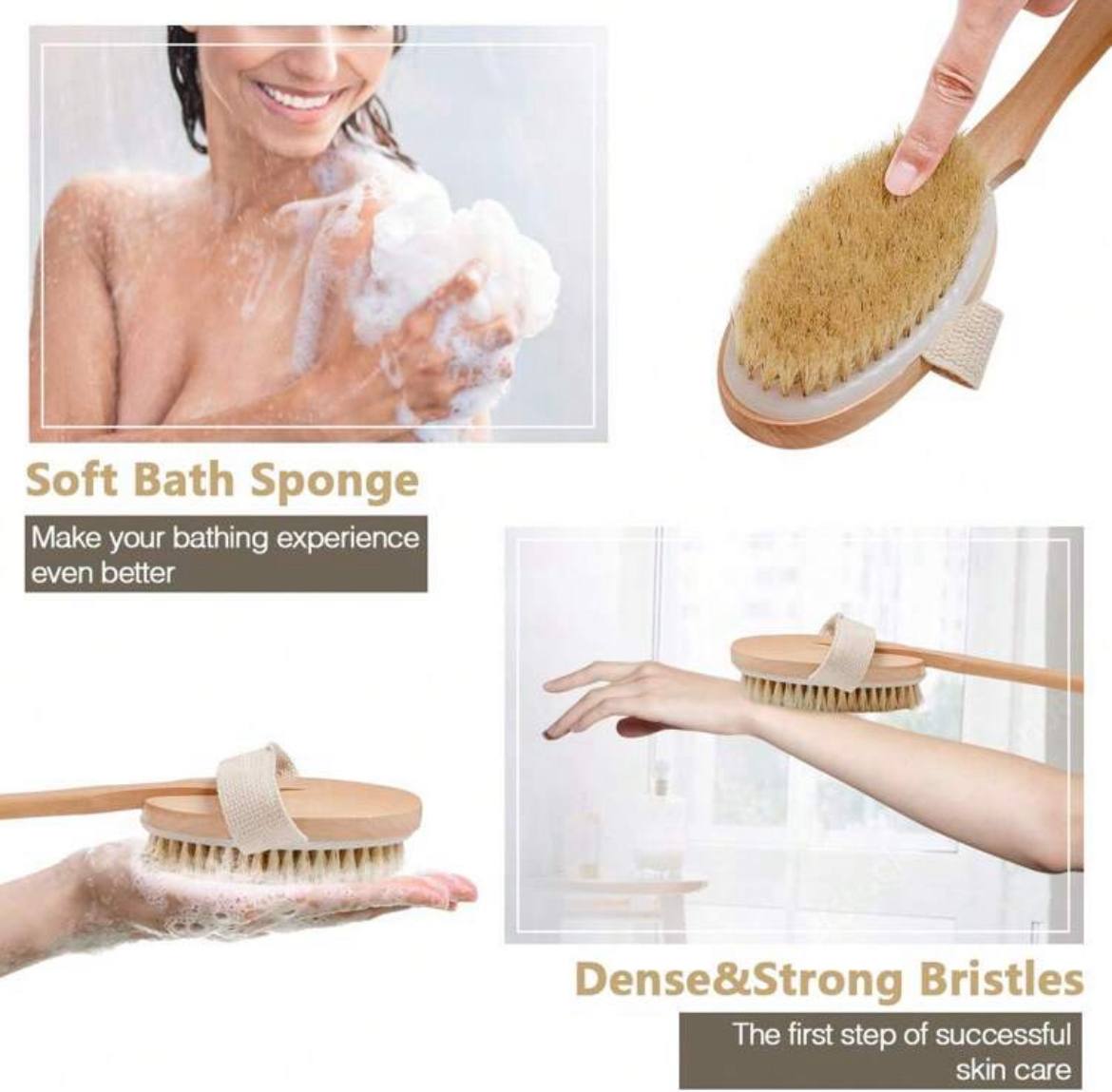 1pc Bath Brush with Bristles & Soft Hair – Detachable Wooden Handle Back Scrubber