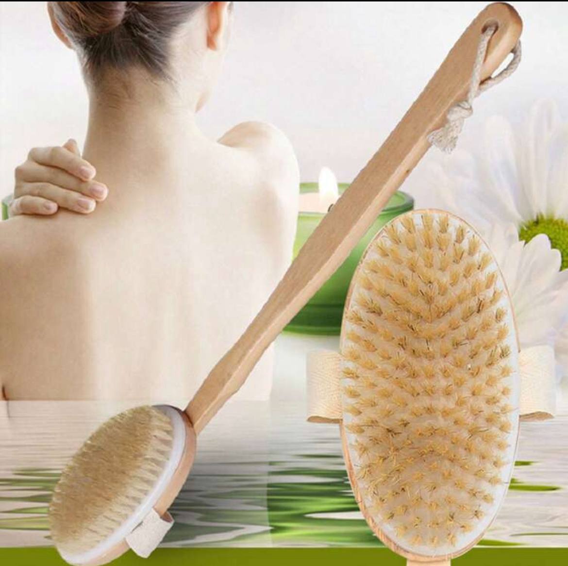 1pc Bath Brush with Bristles & Soft Hair – Detachable Wooden Handle Back Scrubber