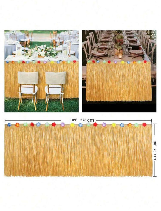 156pcs Hawaiian Style Table Skirt Decoration Set – Fringe Skirt, Artificial Leaves, Hibiscus Flowers & Honeycomb Décor