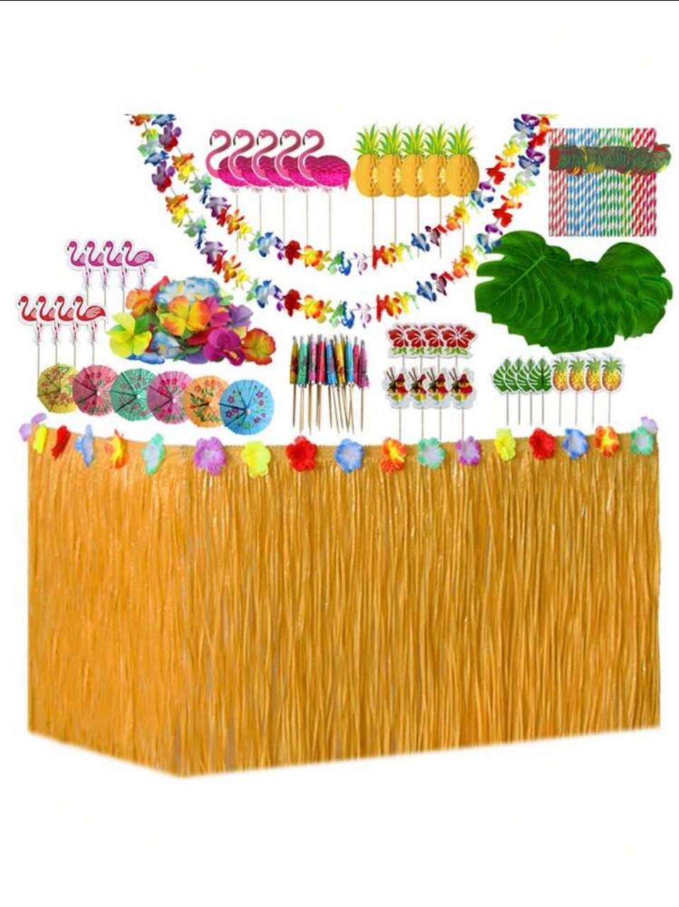 156pcs Hawaiian Style Table Skirt Decoration Set – Fringe Skirt, Artificial Leaves, Hibiscus Flowers & Honeycomb Décor