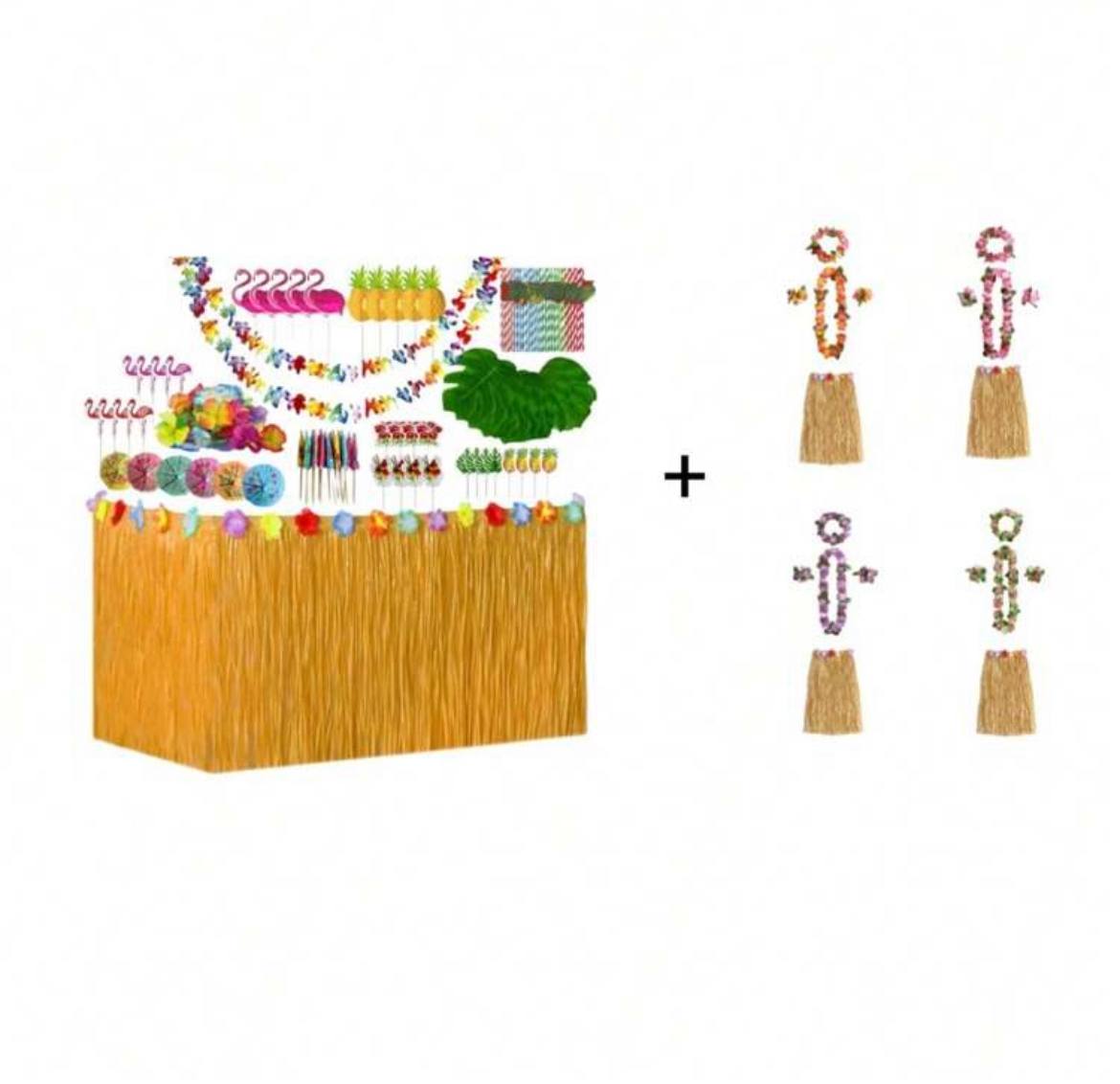 156pcs Hawaiian Style Table Skirt Decoration Set – Fringe Skirt, Artificial Leaves, Hibiscus Flowers & Honeycomb Décor