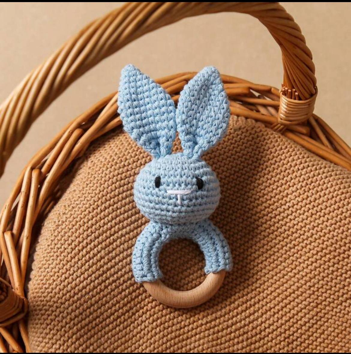 Handmade Crochet Bunny with Pointy Ears & Wooden Teething Ring – Baby Chewing & Teething Toy Gift