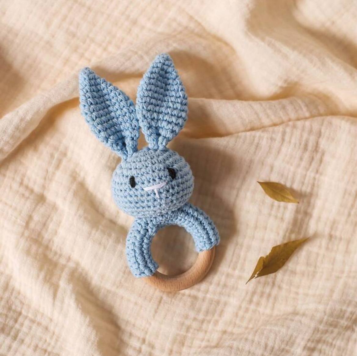 Handmade Crochet Bunny with Pointy Ears & Wooden Teething Ring – Baby Chewing & Teething Toy Gift