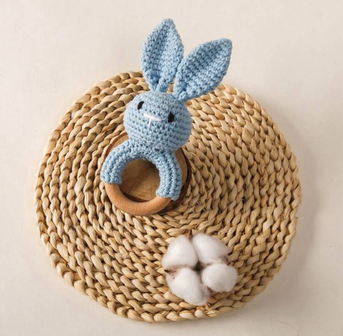 Handmade Crochet Bunny with Pointy Ears & Wooden Teething Ring – Baby Chewing & Teething Toy Gift