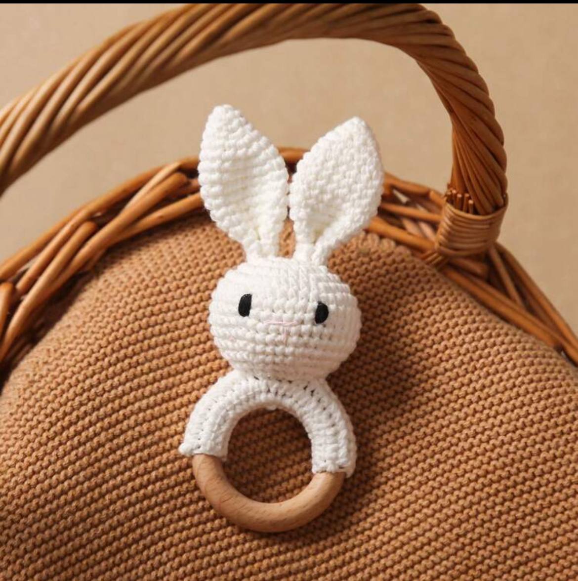 Handmade Crochet Bunny with Pointy Ears & Wooden Teething Ring – Baby Chewing & Teething Toy Gift