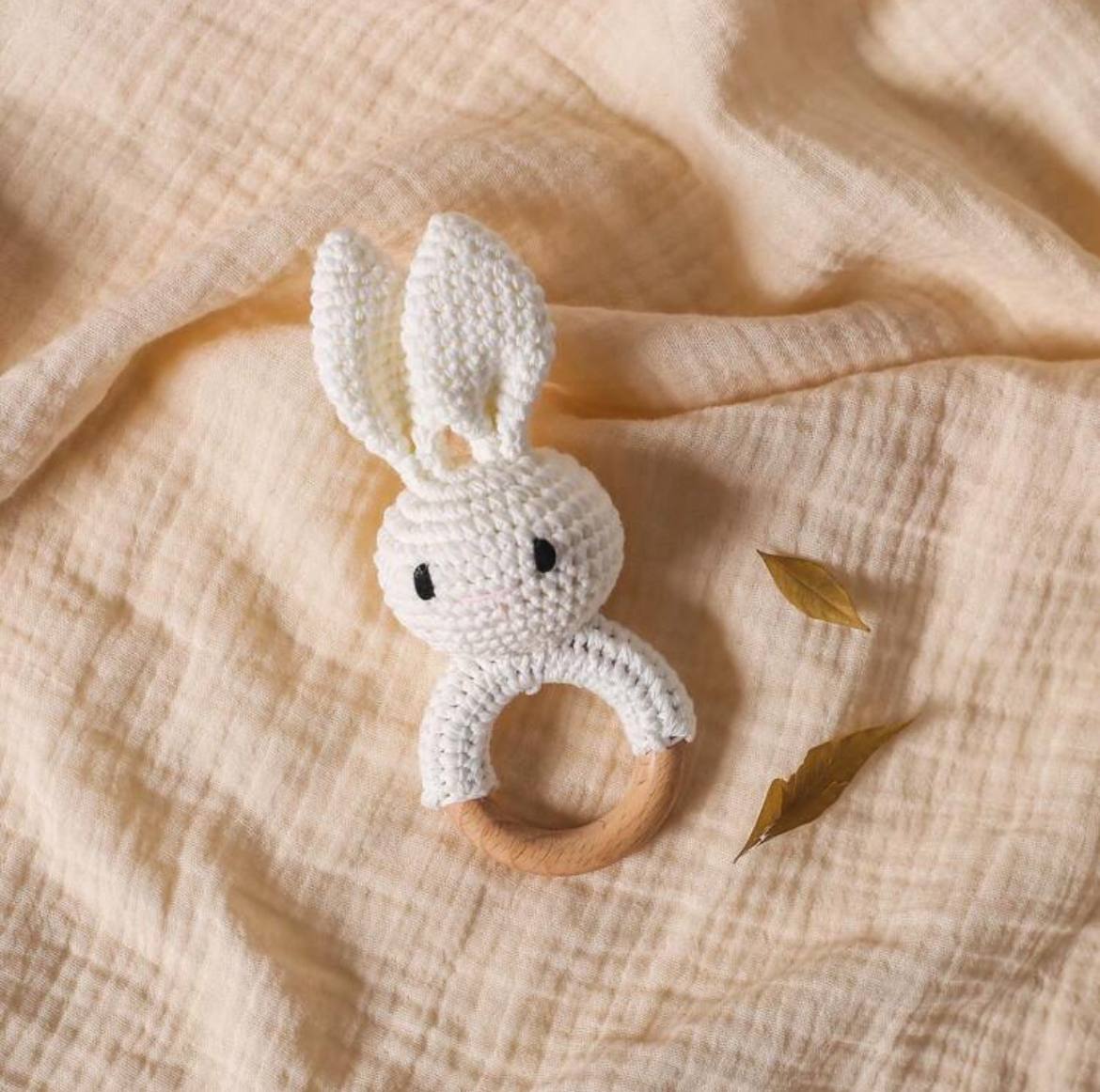 Handmade Crochet Bunny with Pointy Ears & Wooden Teething Ring – Baby Chewing & Teething Toy Gift