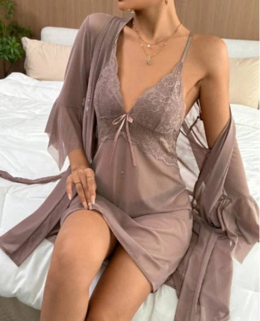 Mesh robe and cami dress pajama set with ruffle sleeves, knotted and contrasting colors, knotted and holiday
