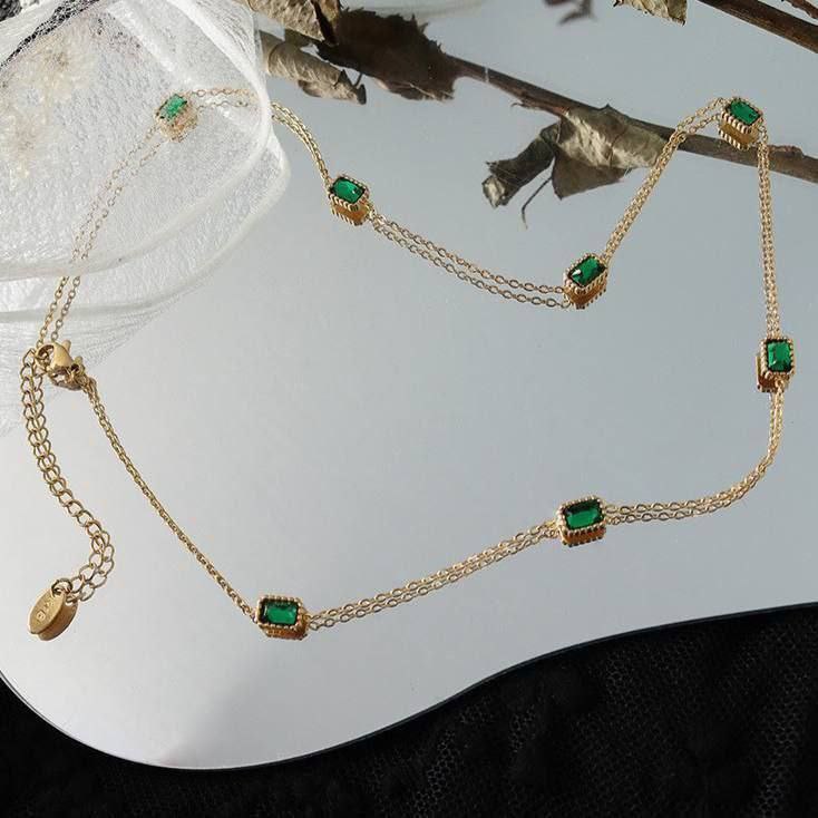 Original Pure 316 Stainless Steel Necklace – 7 Green Emerald Stones S1