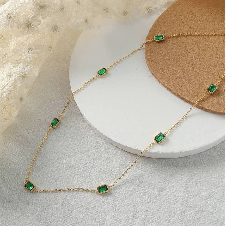 Original Pure 316 Stainless Steel Necklace – 7 Green Emerald Stones S1