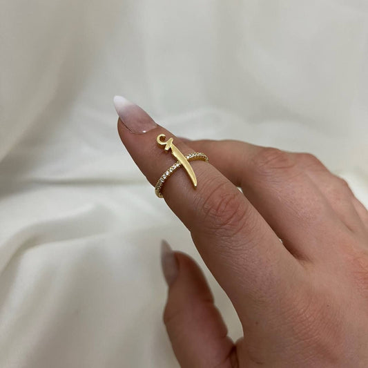 Arabic Letter Ring – Gold Plated, Free Size with Zircon Stones S1