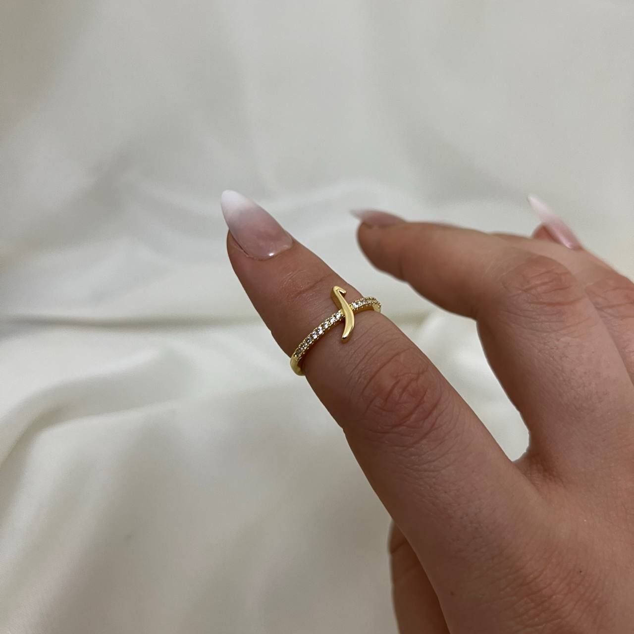 Arabic Letter Ring – Gold Plated, Free Size with Zircon Stones S1