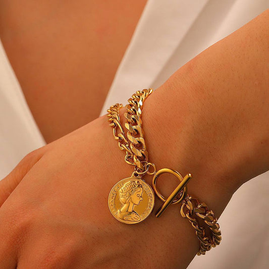 Grommet 2-Layer Bracelet with Queen Pendant – Pure 316 Stainless Steel S1