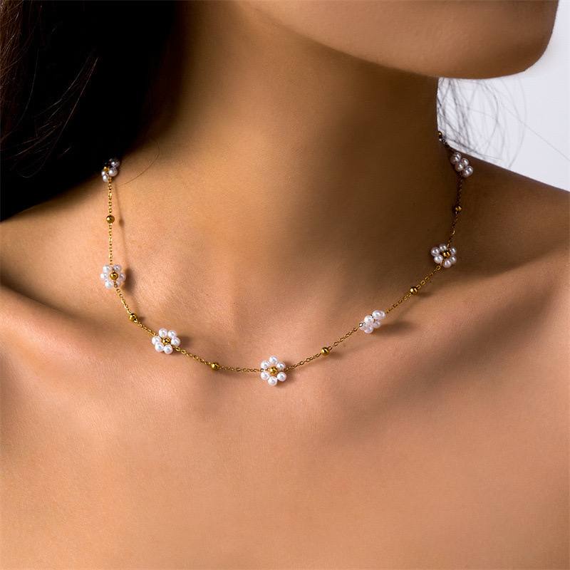 Full Pearl Flower Set – Pure 316 Stainless Steel (Necklace + Bracelet) S1