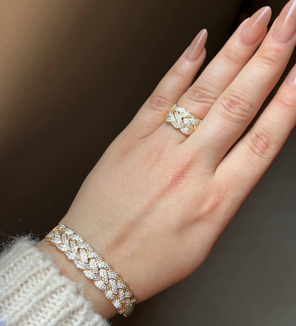 Bracelet & Ring Set – Gold Plated with Zircon Stones (Free Size) S1