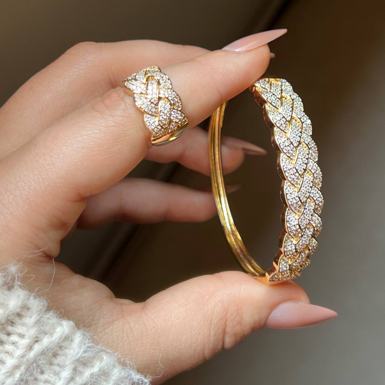 Bracelet & Ring Set – Gold Plated with Zircon Stones (Free Size) S1