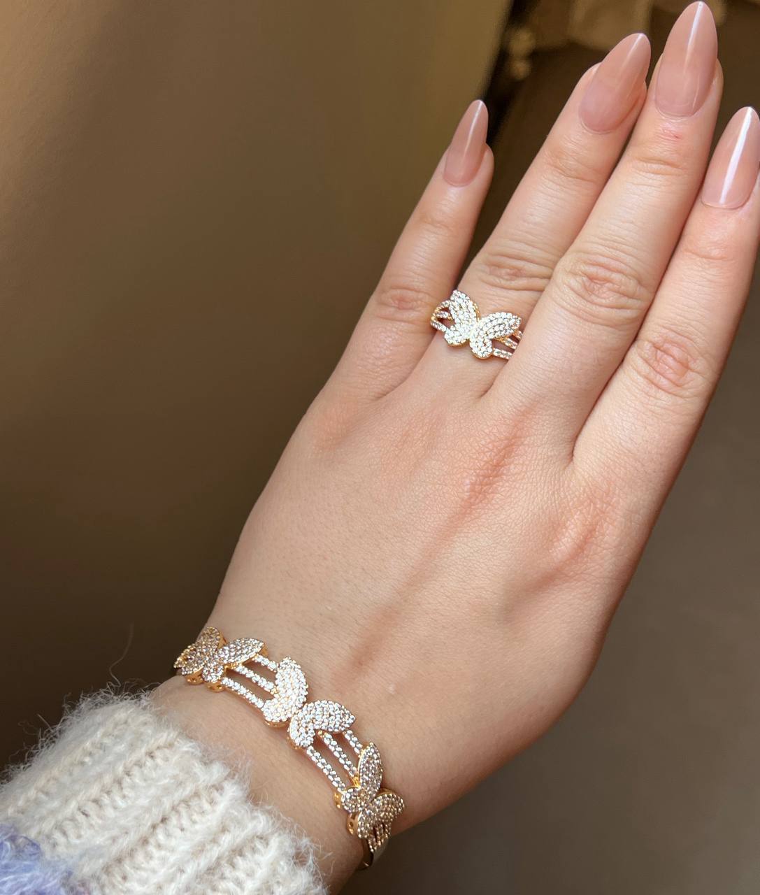 Bracelet & Ring Set – Gold Plated with Zircon Stones (Free Size) S1