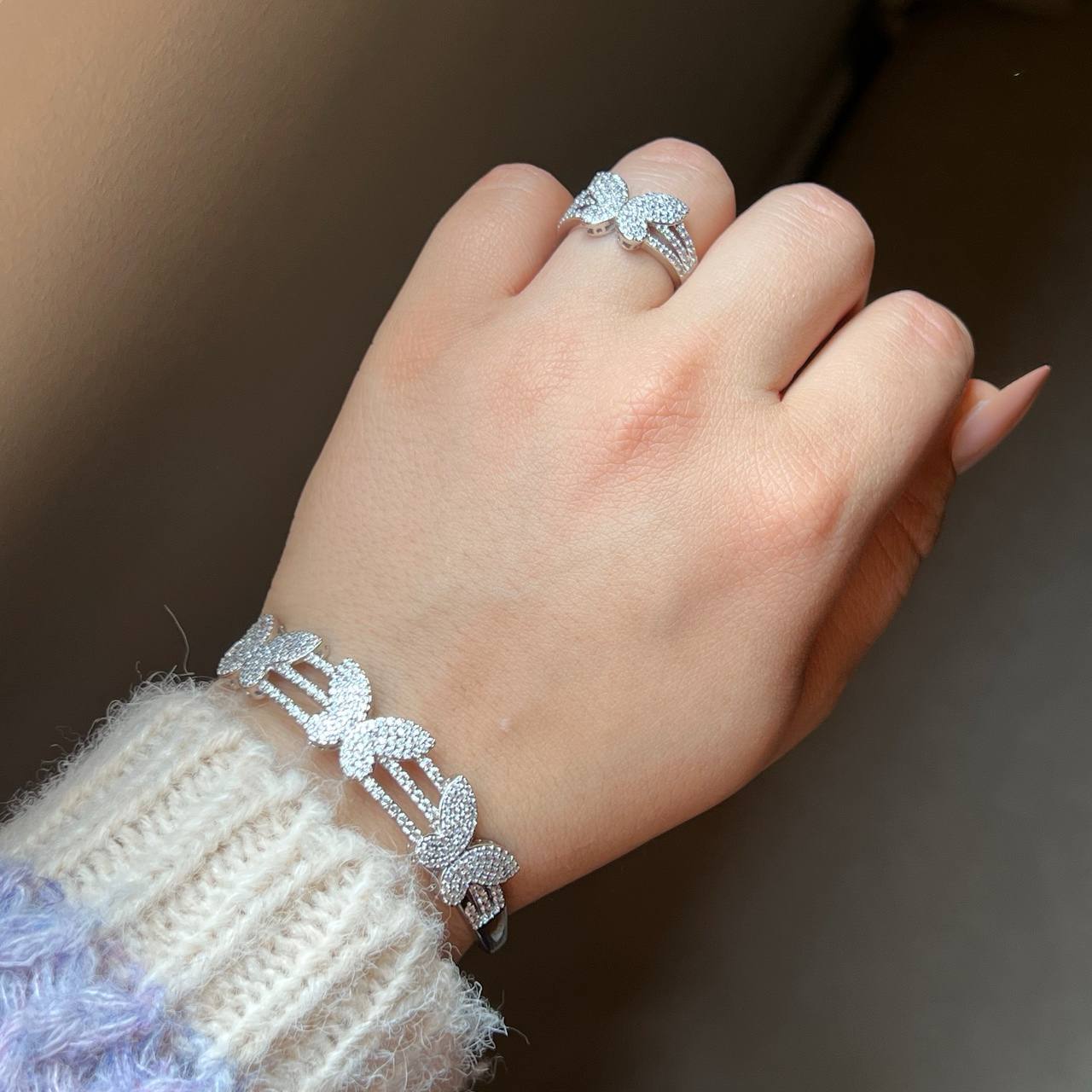 Bracelet & Ring Set – Gold Plated with Zircon Stones (Free Size) S1