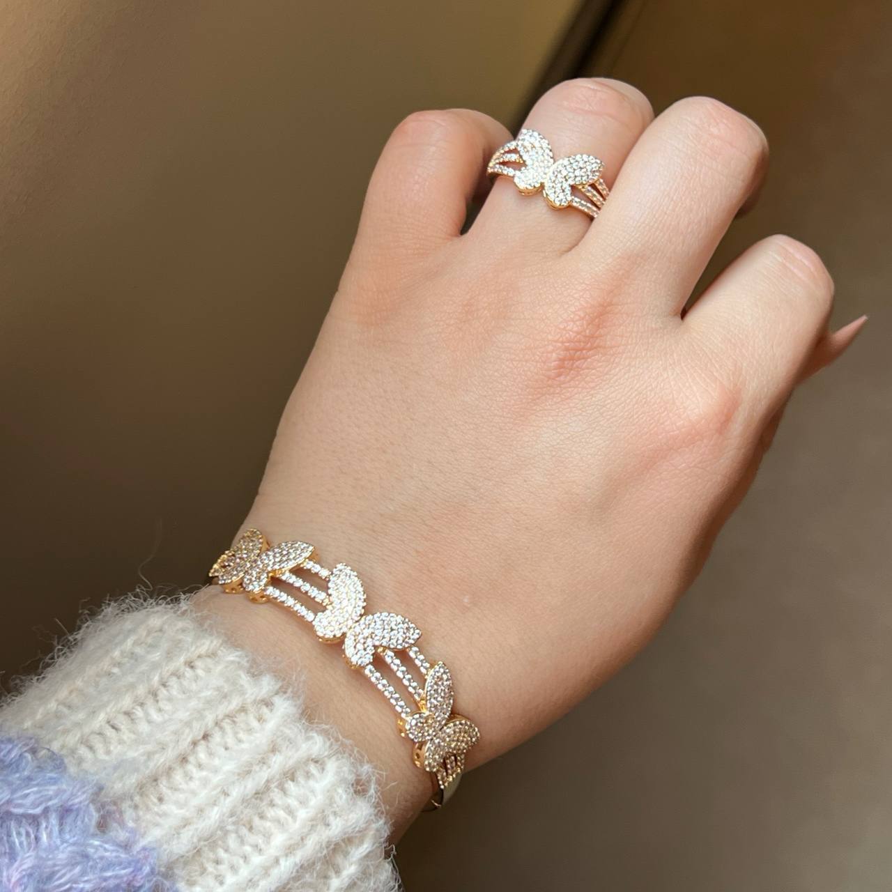 Bracelet & Ring Set – Gold Plated with Zircon Stones (Free Size) S1