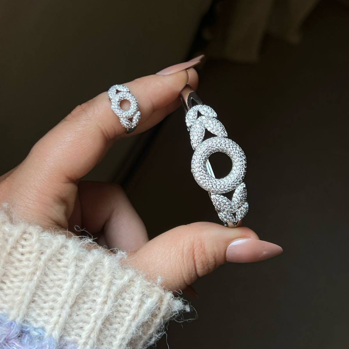 Bracelet & Ring Set – Gold Plated with Zircon Stones (Free Size) S1