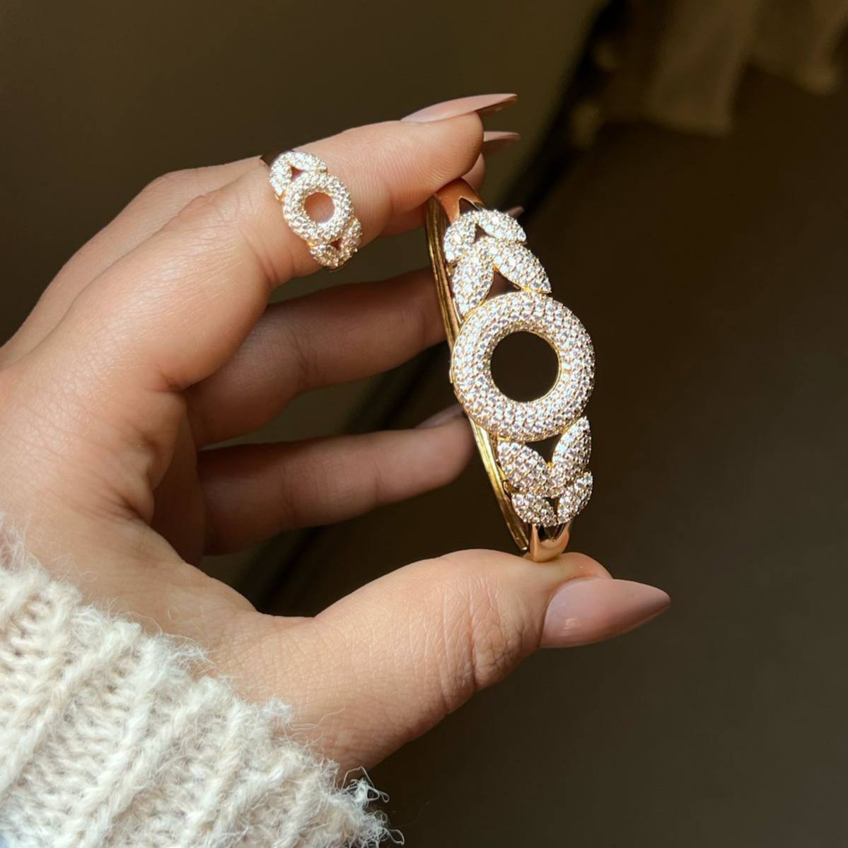 Bracelet & Ring Set – Gold Plated with Zircon Stones (Free Size) S1