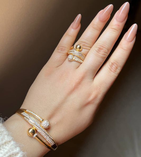 Bracelet & Ring Set – Gold Plated with Zircon Stones (Free Size) S1