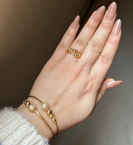 Bracelet & Ring Set – Gold Plated with Zircon Stones (Free Size) S1