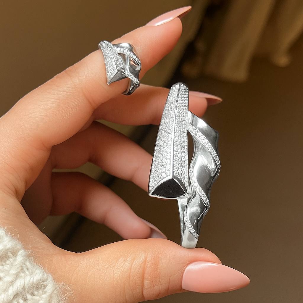 Bracelet & Ring Set – Gold Plated with Zircon Stones (Free Size) S1